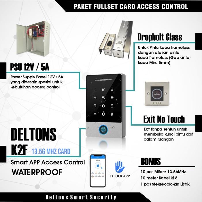 

Paket Smart Door Access Control K2F2 Fingerprint Card Dropbolt 13.56 - Dropbol Gap 5mm