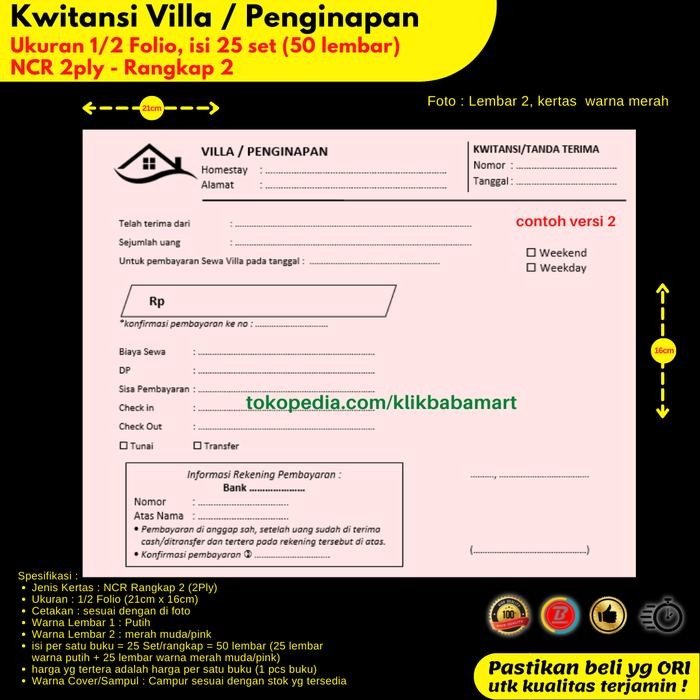 

KWITANSI SEWA VILLA PENGINAPAN HOTEL 1/2 FOLIO RANGKAP 2 PLY PUTIH MERAH - Non Custom - Versi 1