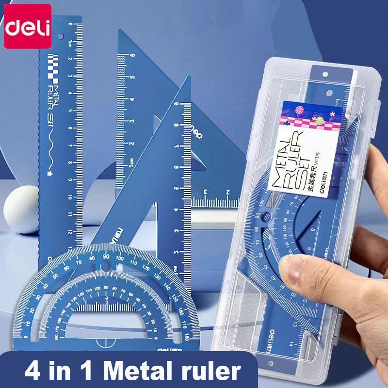 

Deli 4in 1 Metal Ruler Stationery Set Aluminum Alloy Multifunctional Combination Ruler Triangle Protractor Alloy Drawing Gift