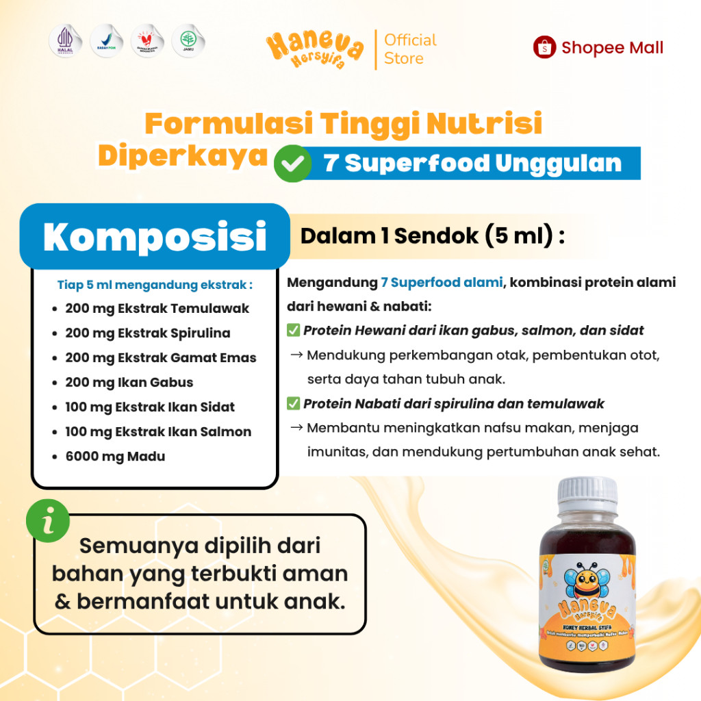 

JAMIN MURAH !!!HANEVA HERSYIFA - Madu Anak Penambah Nafsu Makan - 2 Thn Keatas | BPOM dan Halal MUI 180 Gram(BISA LANGSUNG ORDER)