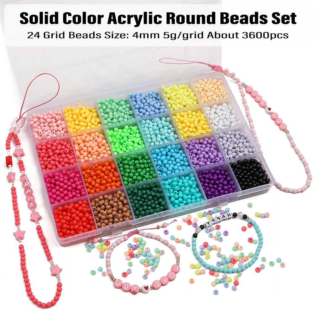 

4mm Solid Color Acrylic Beads Kit 24 Grids(3600pcs) 5g/Grid DIY Jewelry Making for Bracelets Necklaces Craft