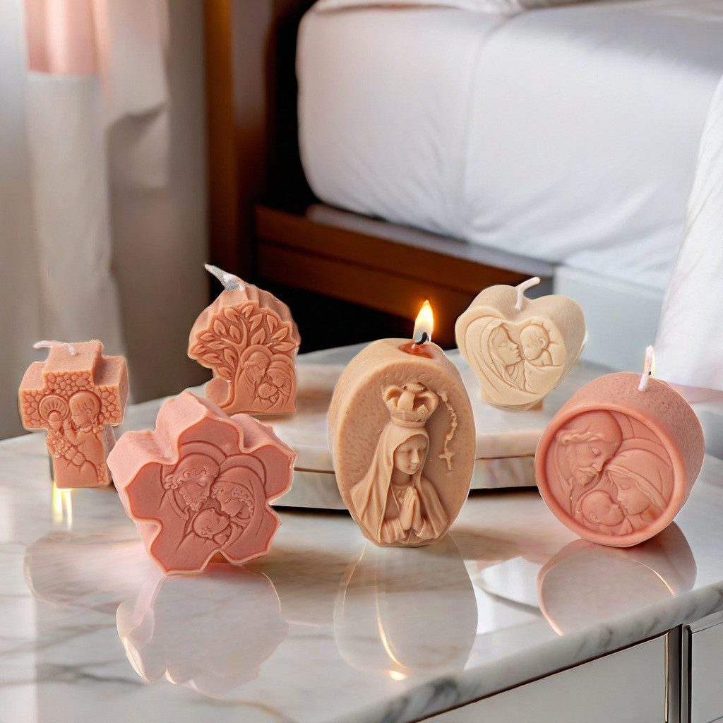 

Mini Flat Virgin Jesus Holy Family Candle Silicone Mold Oval Round Heart-shaped Cross Sculpture Resin plaster Making Home Decor