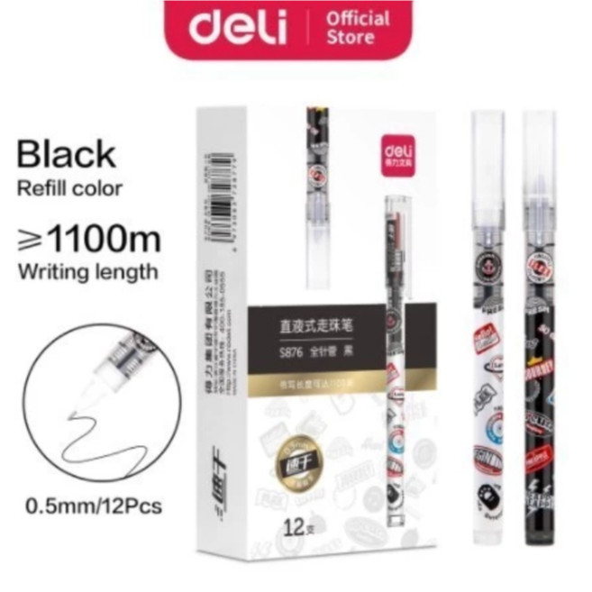 

BOBOMART 1 PCS Deli Gel Pen Pulpen sekolah S876 Hitam Deli 0.5mm Roller Pen Mata Kecil S876