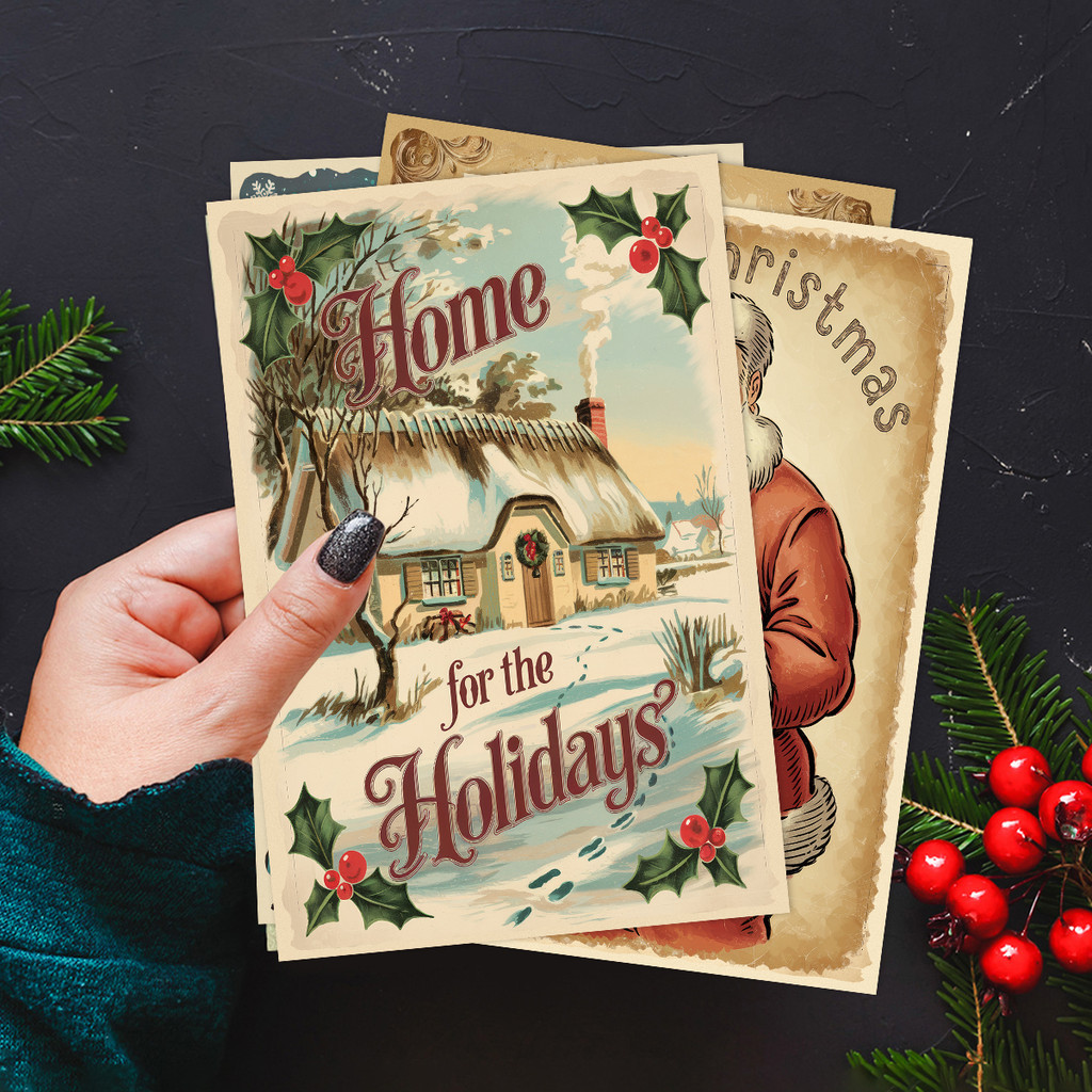 

Vintage Greeting Card Set,12pc Old Newspaper Style Postcard with Santa ,Small Poster for Room Decor, Supplies