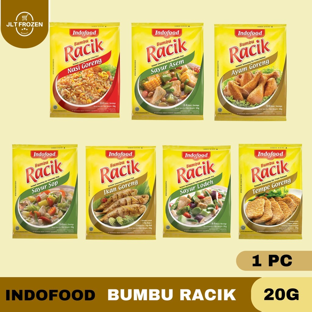 

Indofood Bumbu Racik 20g - 1 PCS / Nasi Goreng / Ayam Goreng / Sayur Lodeh / Sayur Sop / Sayur Asem / Ikan Goreng / Tempe Goreng / Tumis / Ayam Goreng Rempah
