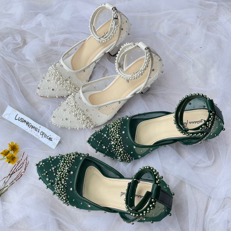 |   sepatu wedding tali heels Payet mewah sepatu pengantin wanita sepatu custom hak datar - 7 cm war