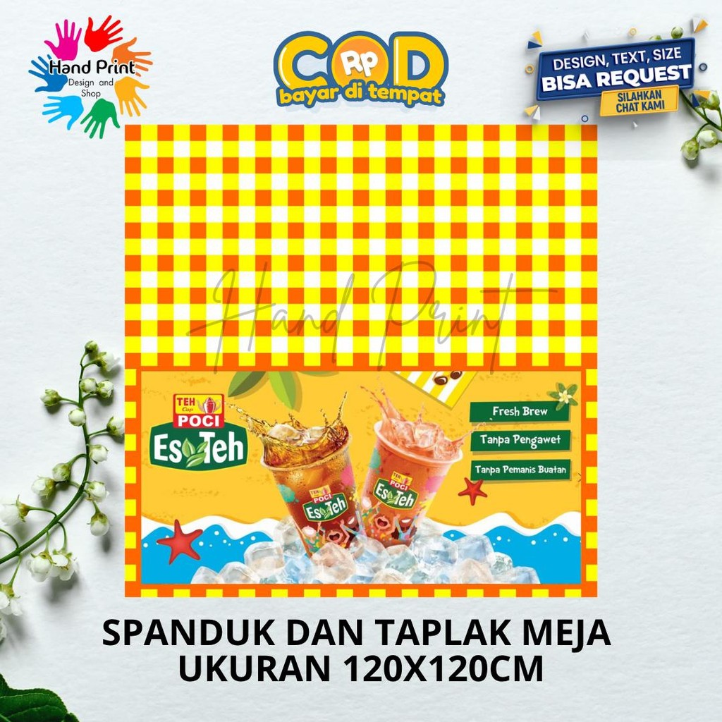 Cetak Spanduk Banner Taplak Meja Es teh poci MMT Custom 120x120 CM