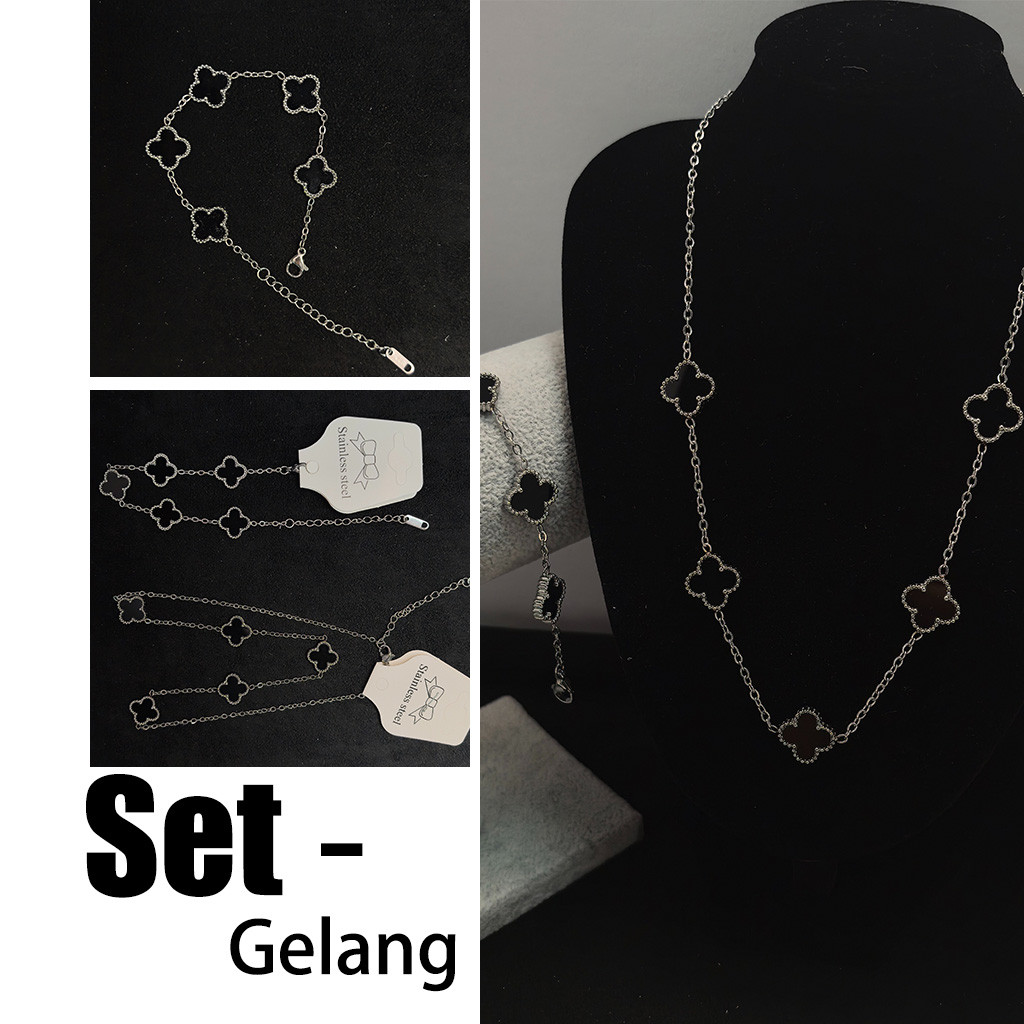 Set tiga potong perhiasan wanita semanggi empat daun titanium vintage (anting-anting + kalung + gela