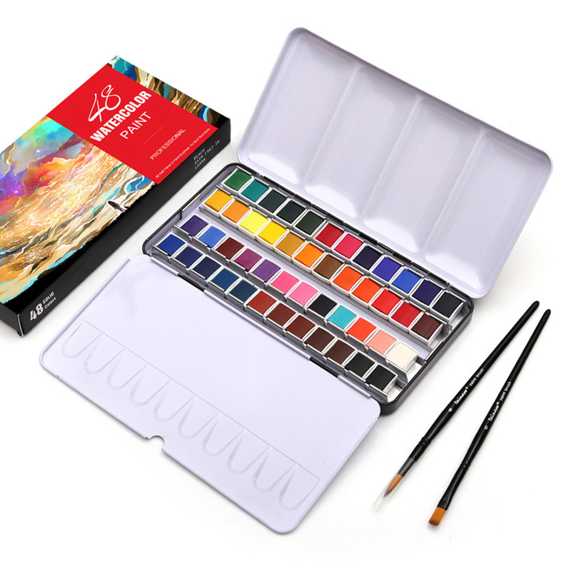 

DAINAYW Portable 48Colors Pigment Solid Watercolor Paints Set Tin box Paint Set with 48Colors Half Pan 2 Brush Pen Water paper