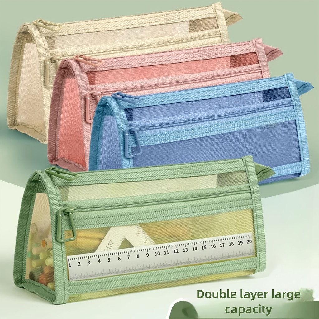 

Morandi Plaid Mesh Pencil Case with Handle and Zipper Transparent Double-layer Pencil Case Makeup Bag Stationery Storage Bag