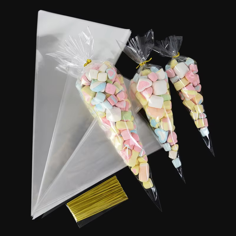 

50/100Pcs Transparent Tapered Candy Bags Food Snack Packaging Plastic Bags with Ties Wedding Birthday Party Popcorn Candy Bags