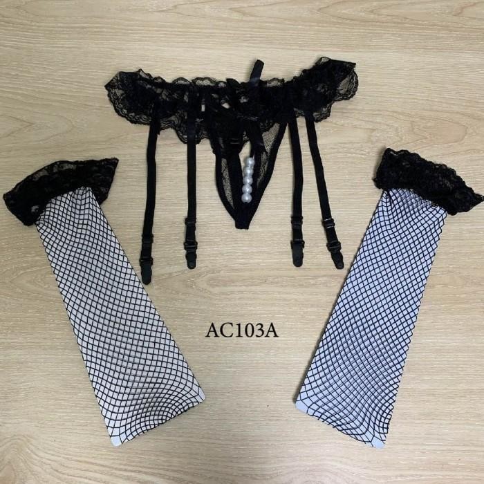 Lingerie Premium Set Garter Belt Stocking Hitam Lace Renda AC103A
