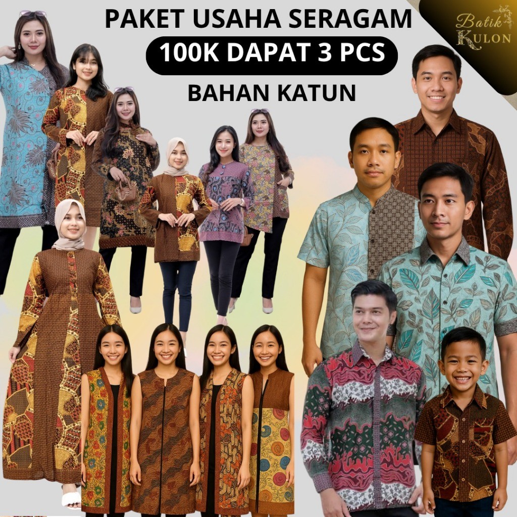 Paket Usaha Grosir Baju Katun Seragaman 3PCS Gamis, Hem Dewasa, Hem Anak, Blouse, Tunik, Kemeja, Out