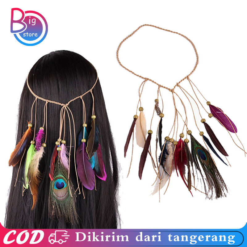 Hiasan Kepala Bulu Indian Headband Bohemian Hiasan Kepala Bulu  Ikat Kepala Bulu