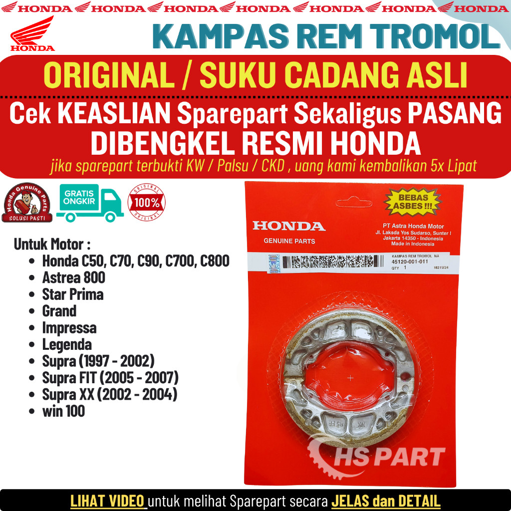 Kampas Rem Tromol Depan Belakang Tromol Honda C50 C70 C90 C700 C800 Astrea Prima Grand Star Original