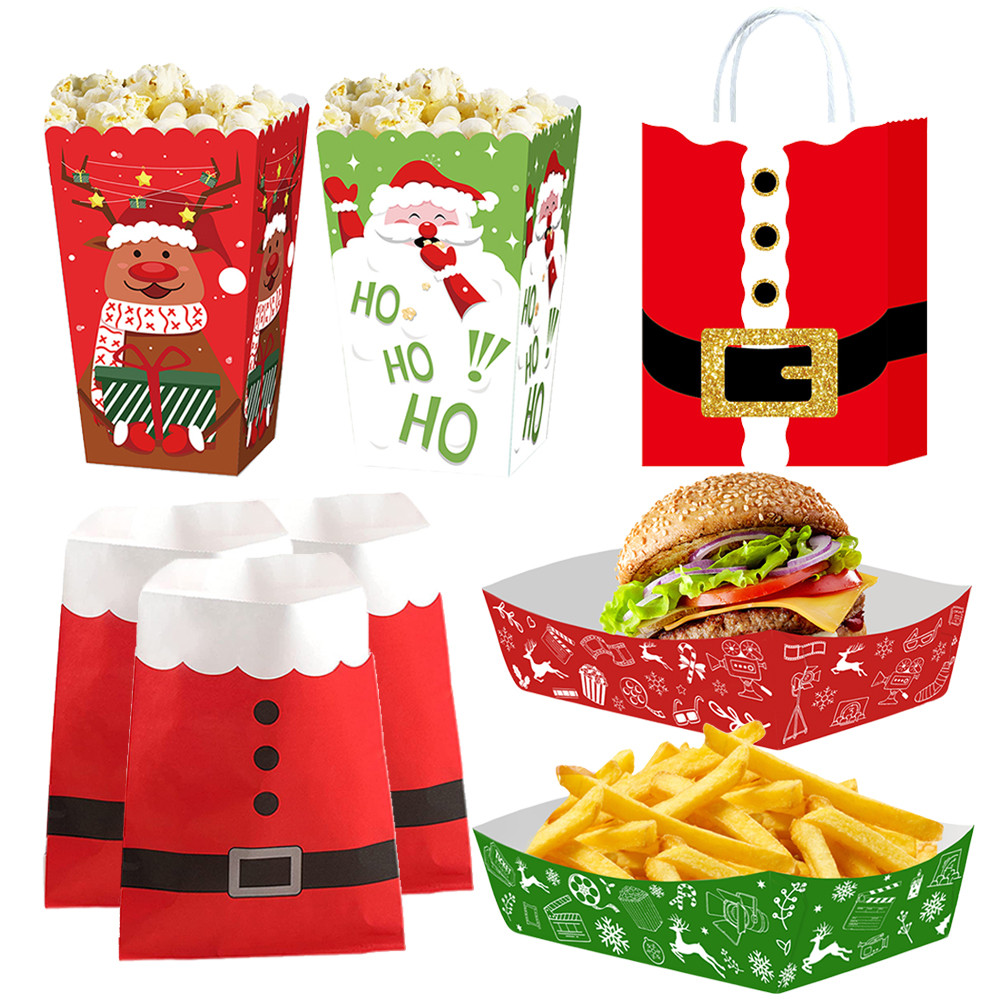 

Christmas Theme Paper Gifts Bags with Handle Popcorn Box Food Tray Candy Snack Bag Merry Christmas Party Decorations