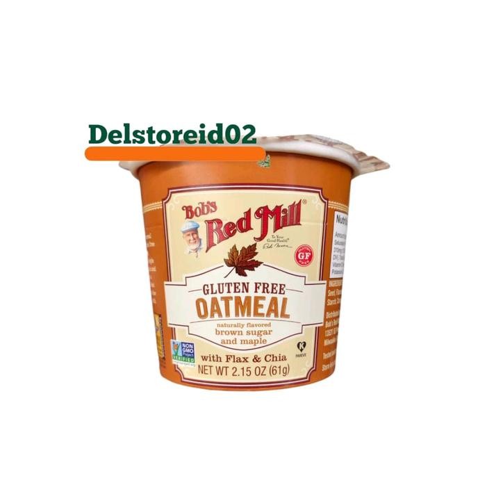

Bob's rred mill gluten free oatmeal naturally flavored brown sugar and maple with flax and chia 61gr