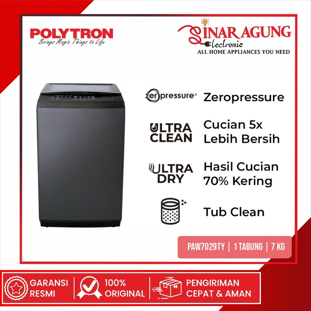 POLYTRON PAW7029TY MESIN CUCI 1 TABUNG 7KG ULTRA CLEAN ULTRA DRY ORI
