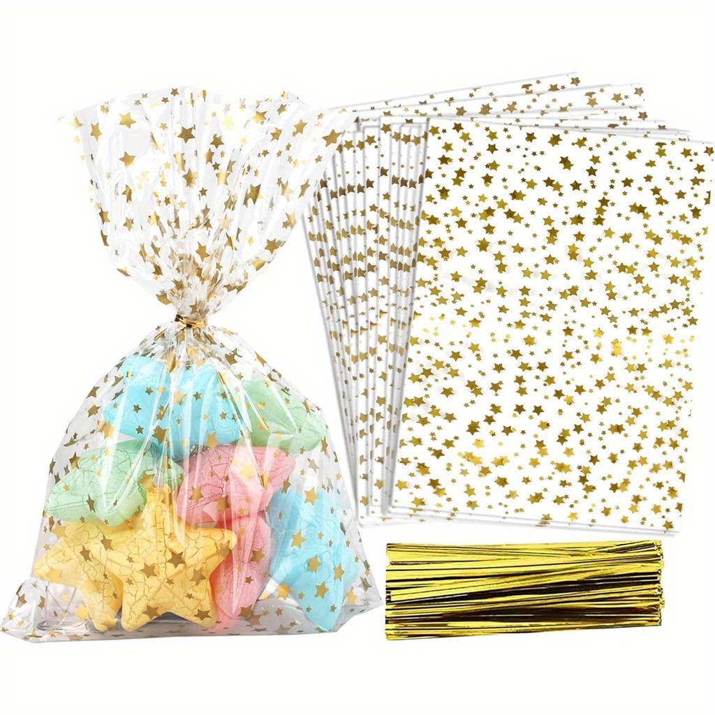

100 Pcs Star Printed Gift Wrap,Cellophane Treat Bags,Clear Candy Cookie Bags Plastic Poly Goodie Storage Bags with Twist Ties