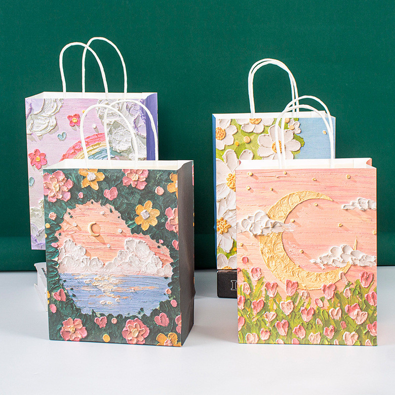 

5pcs Kraft Paper Gift Bags Summer Holiday Gifts Bag Birthday Wedding Party Favor Bag Portable Gift Bag 3D Oil Painting Handbag