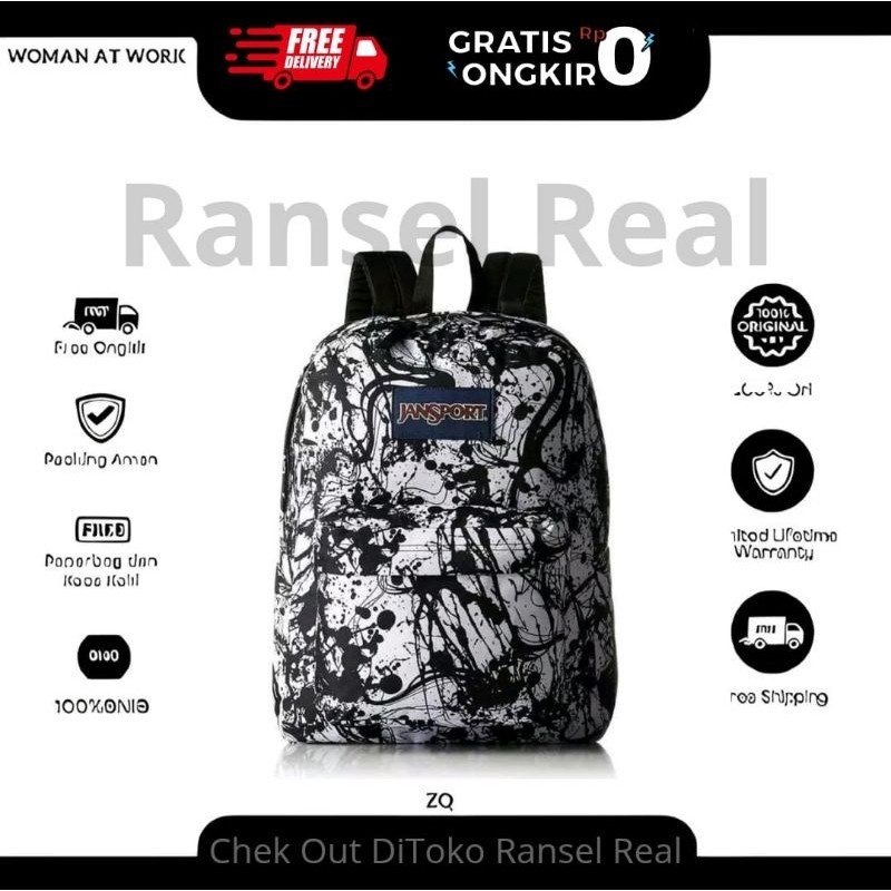 MJ78YH Tas Jansport Ransel Pria Backpack Motif Tinta Hitam Full Embos & Tag