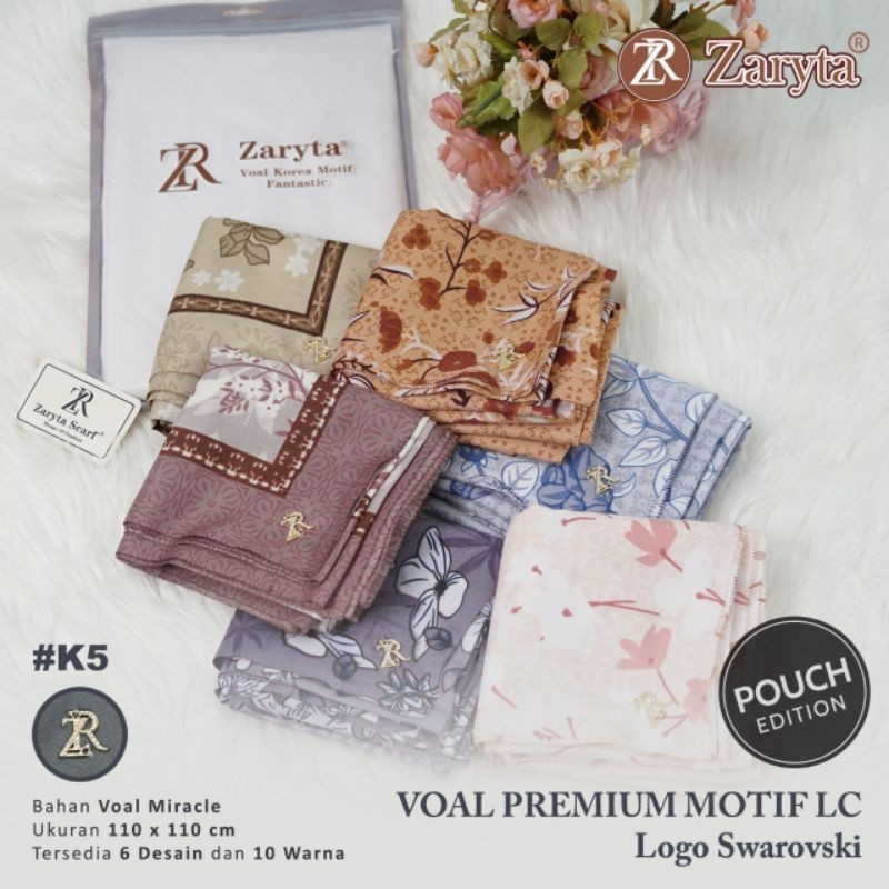 [SALE] Paket 10 pcs Voal Korea Zaryta Motif Pouch Lasercut Metal Logo Swaroski Permata / Hijab Segi 