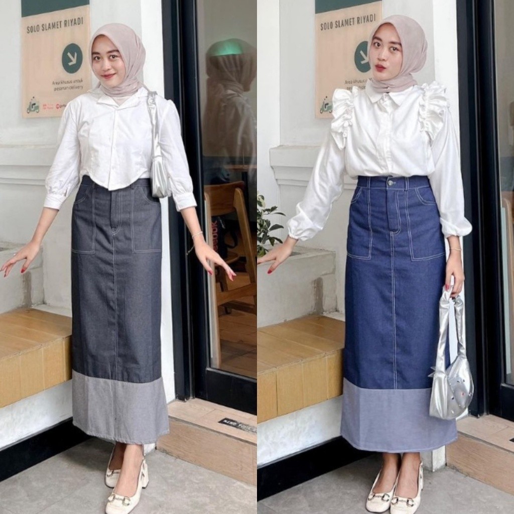 Erza Two Tone Rok Skrit Jeans Highwaist Wanita Stretch Highwaist Skirt Jeans Rok Denim Wanita