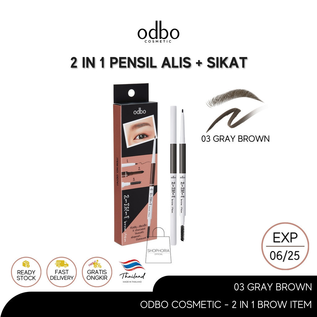 Odbo Cosmetic Pensil + Sikat Alis 2 in 1 Brow Item Berat 0,3 Gram Warna 03 Gray Brown Original Thail