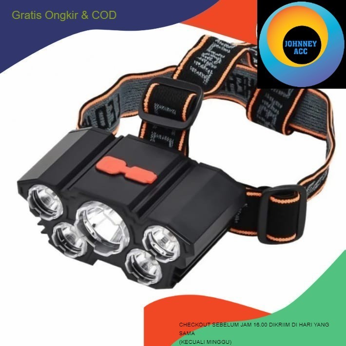 

JA L-T21 SENTER KEPALA 5 LED 50 WATT RECHARGEABLE 3 MODE CAHAYA - SENTER KEPALA CAS 5LED 50WATT