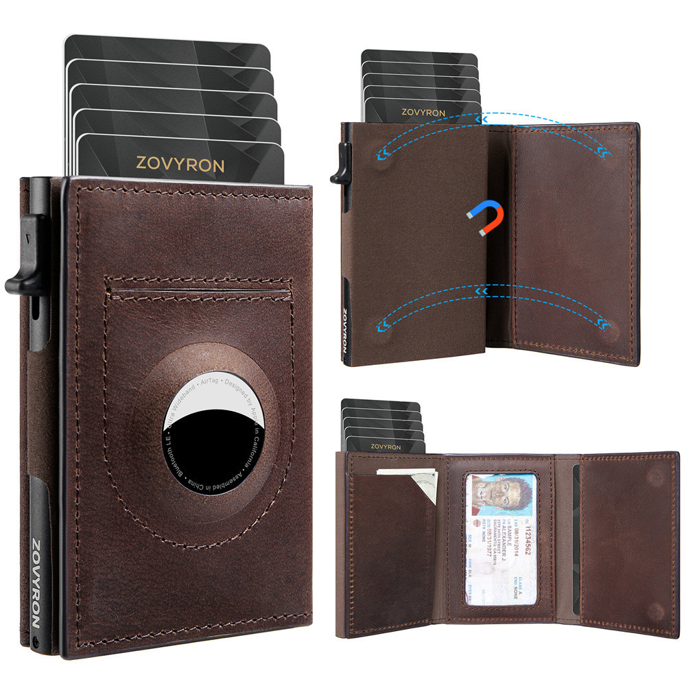 

Slim Aluminum Credit Card Holder Airtag Smart Wallet for Men, Minimalist Metal Pop Up Cow Genuine Leather Wallet Money Clips Bag