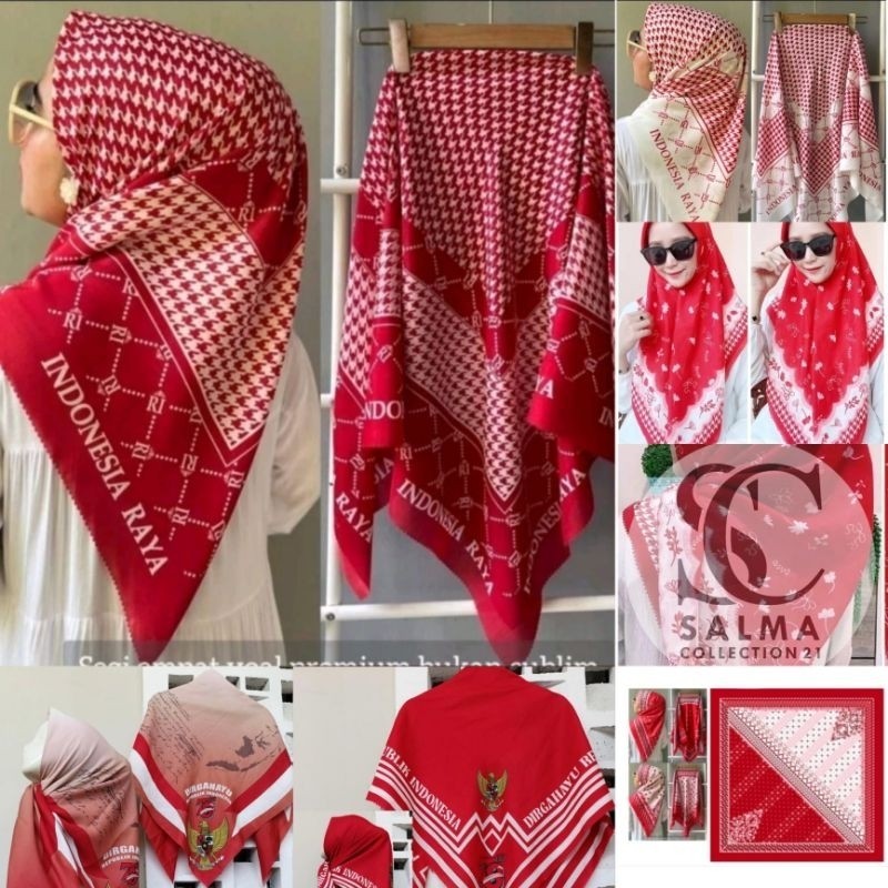 Jilbab Merah Putih Agustusan Kerudung Hijab Segi Empat Voal Motif Kemerdekaan