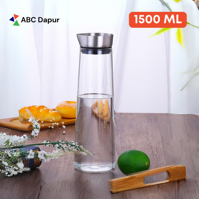 Botol Kulkas Pitcher Teko Kaca Tutup Stainless Steel 1500 ML