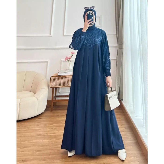 ✨BISA COD✨ - Gamis Brukat Biru Dongker Dress Muslim Kondangan Wisuda Simple Aghnia