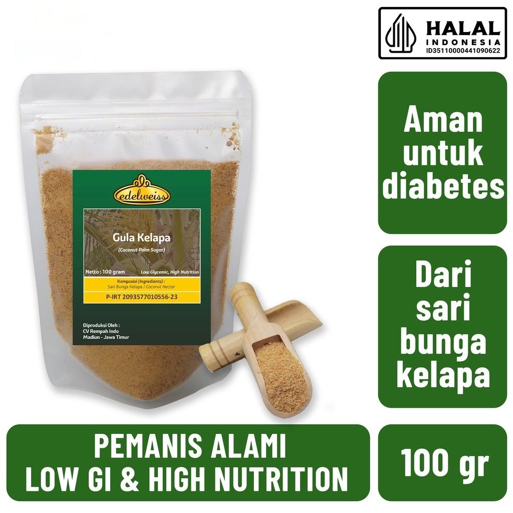 

Edelweiss Organik Coconut Palm Sugar MPASI Bayi Refill Pack 100gr Gula Kelapa Organik Murni Tanpa Campuran