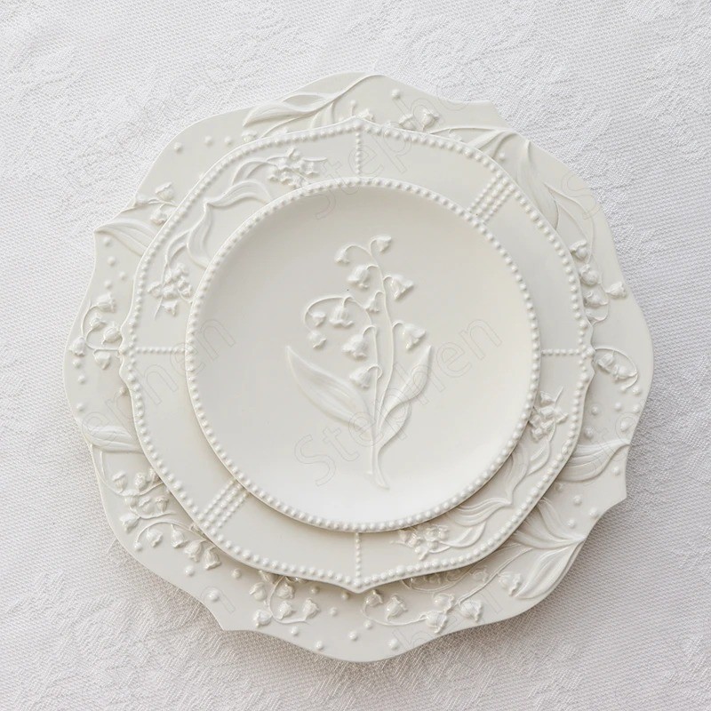 Lily of The Valley Ceramic Plate American Embossed Cake Dessert Dish European Modern Flower Relief L