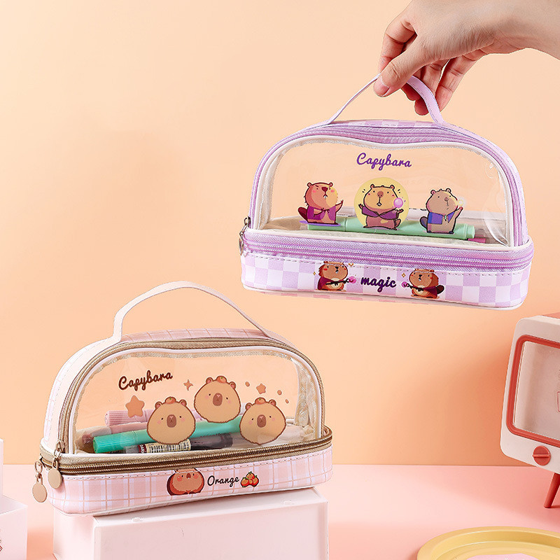 

Portable Kawaii Cartoon Capybara Pencil Cases Double Layer Large Capacity Pencil Pouch Student Stationery Box School Supplies