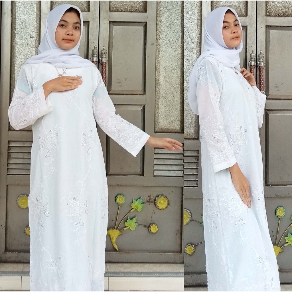 Gamis Putih Polos Mewah List Bordir full payet putih