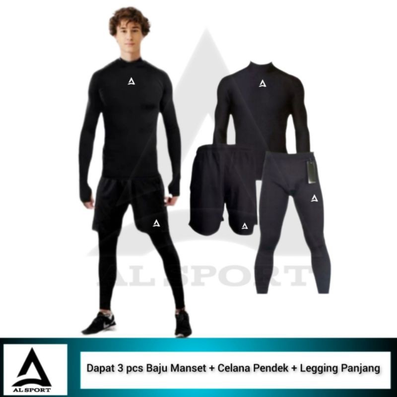 Full set Olahraga Pria Baju Manset Celana Pendek Legging Panjang