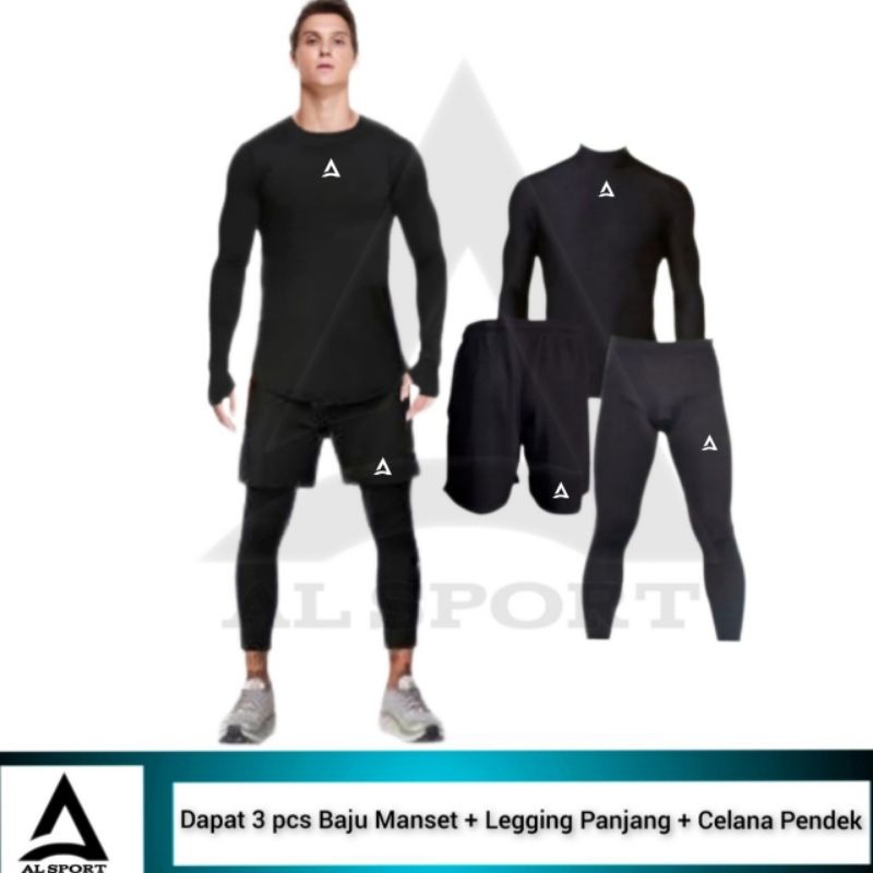 Full set - Olahraga Pria Baju Manset Celana Pendek Legging Street Panjang