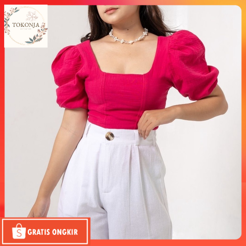 Baju Korea / Lyona Blouse Crop Top / Atasan Wanita Sabrina Crop Top / Baju Wanita Cantik