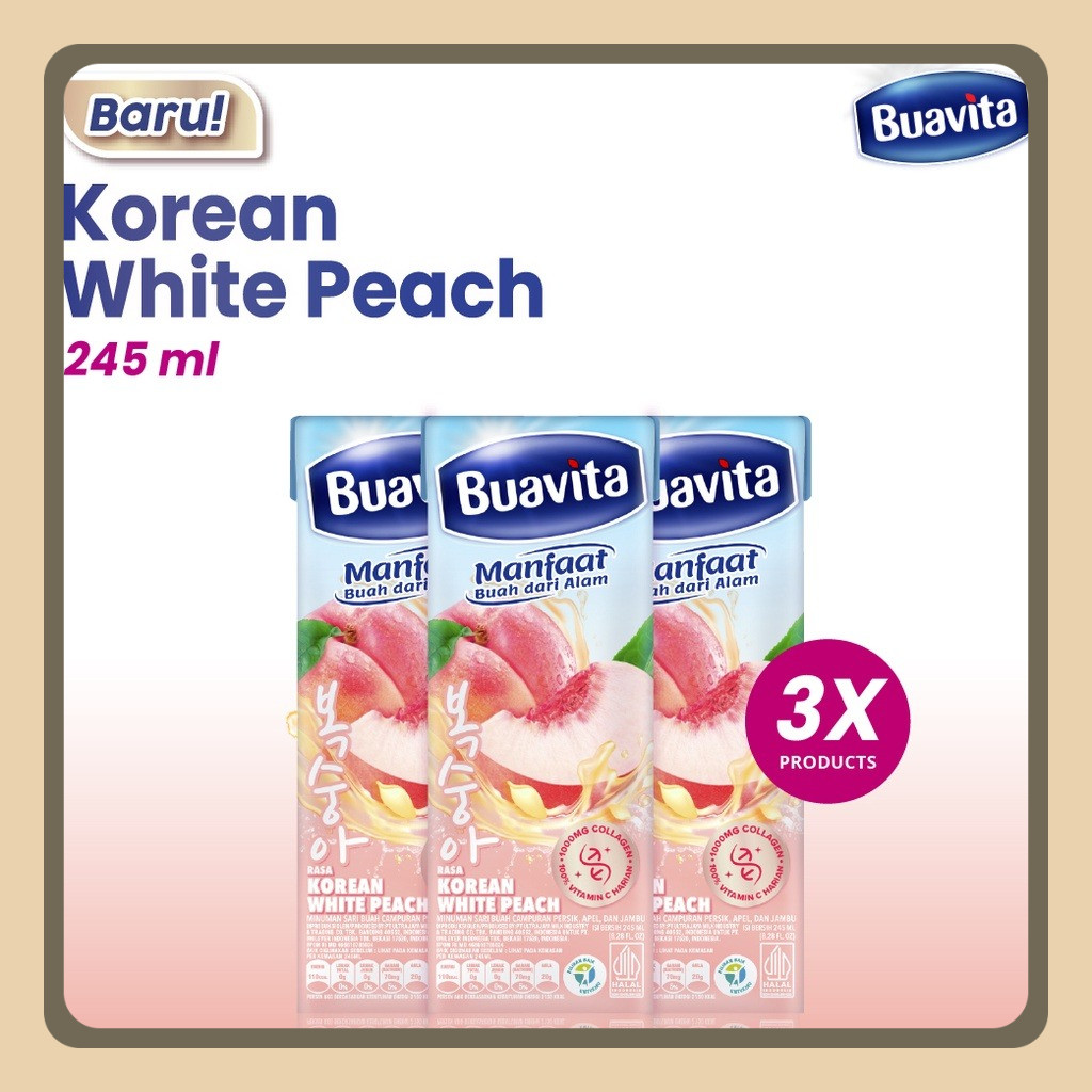 

Buavita Korean White Peach 245ml Triplepack Kaya Vitamin C