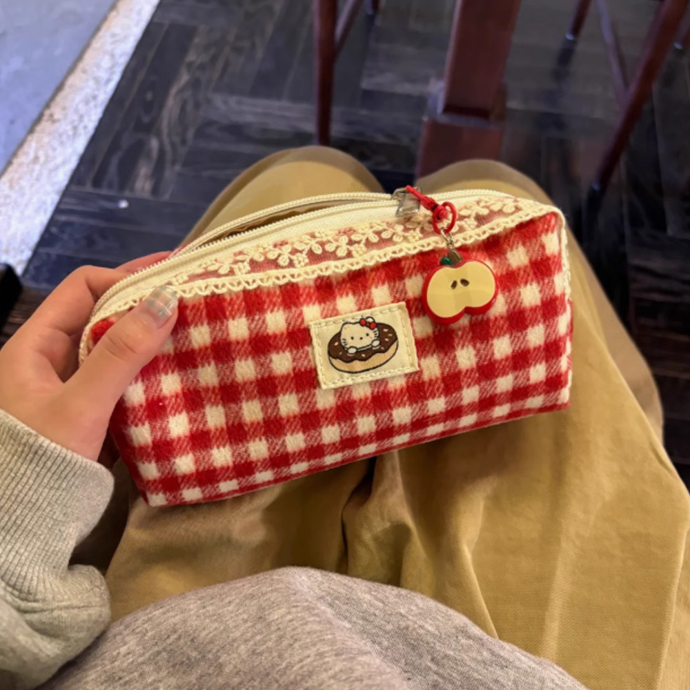 

Cute Cartoon Hello Kitty Red Checkered Large Capacity Pencil Case Student Stationery Girl Kawaii Ktcat Pendant Apple Pencil Case