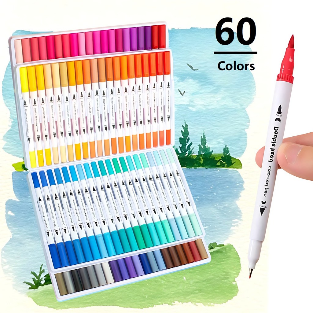 

60-Pack Double-Headed Marker Pens – Fine & Brush Tip, Water-Based, Vibrant Colors for Art, Calligraphy, and Holiday Decoration