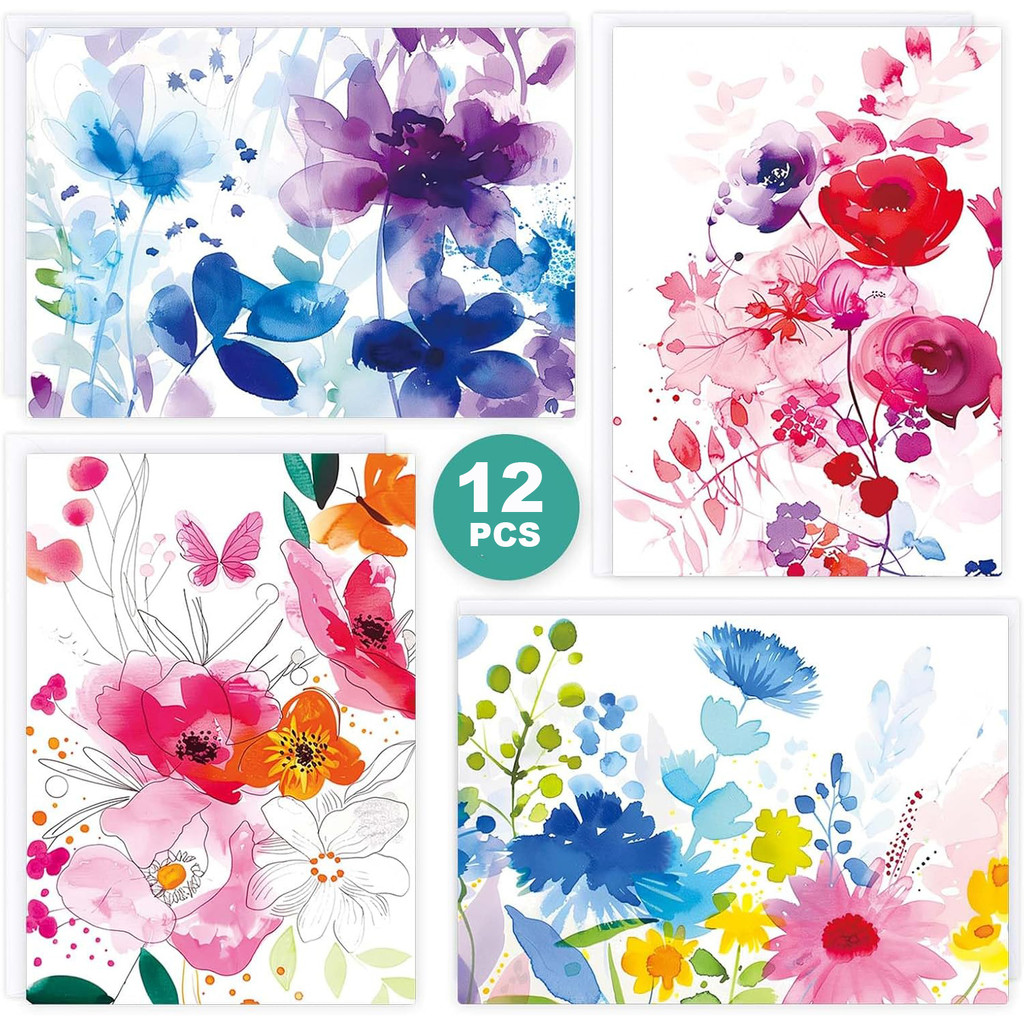 

12 Pack Blank Cards with 12 Envelopes, Watercolor Flowers Blank Greeting Cards, Painted Flowers Blank Cards Assortment