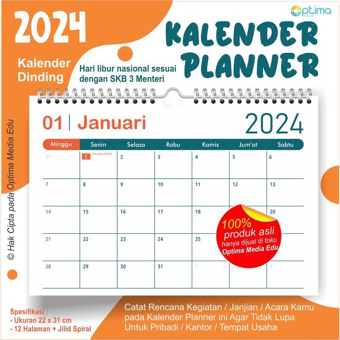 

Kalender Planner 2024 Isi 12 Lembar / 31 x 22 cm / Kalender Dinding