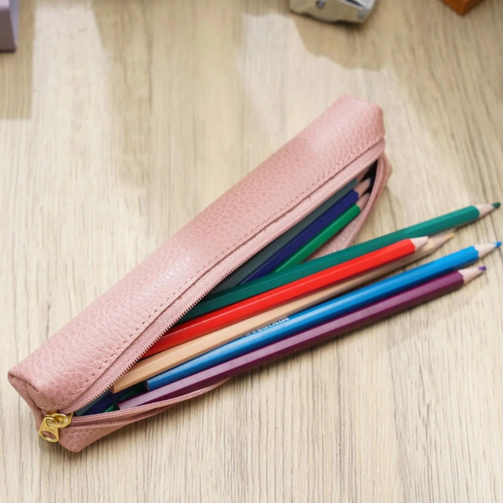 

Genuine Leather Pencil Bag with Zipper, Slim Pen Holder Case Cowhide Stationery Pouch for School Office and Travel