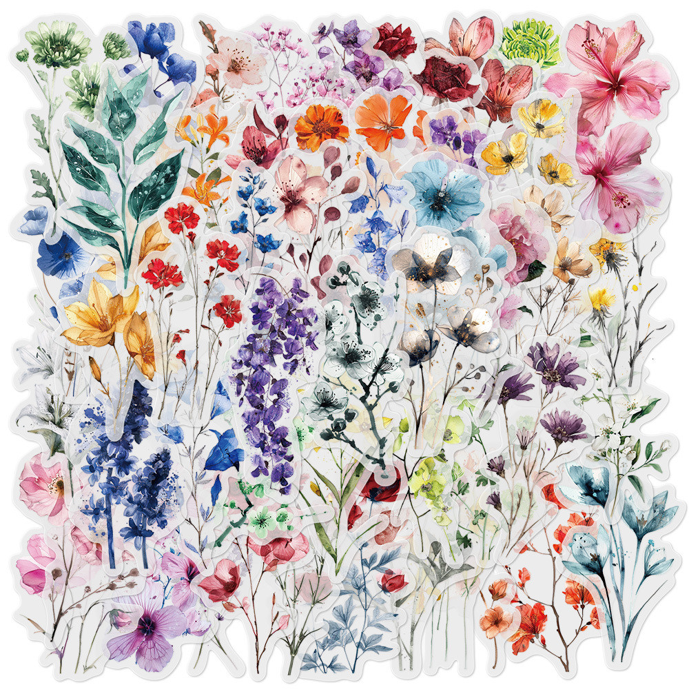 

50Pcs Ink Flower Stickers DIY Phone Case Material Handbook Water Cup Plant Transparent PET Stickers