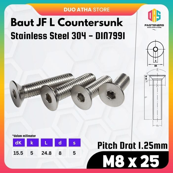 M8x25 Baut JF L M8 x 25 Stainless / Baut Verseng M8 x 25 Stainless / Countersunk M8 x 25 Stainless S