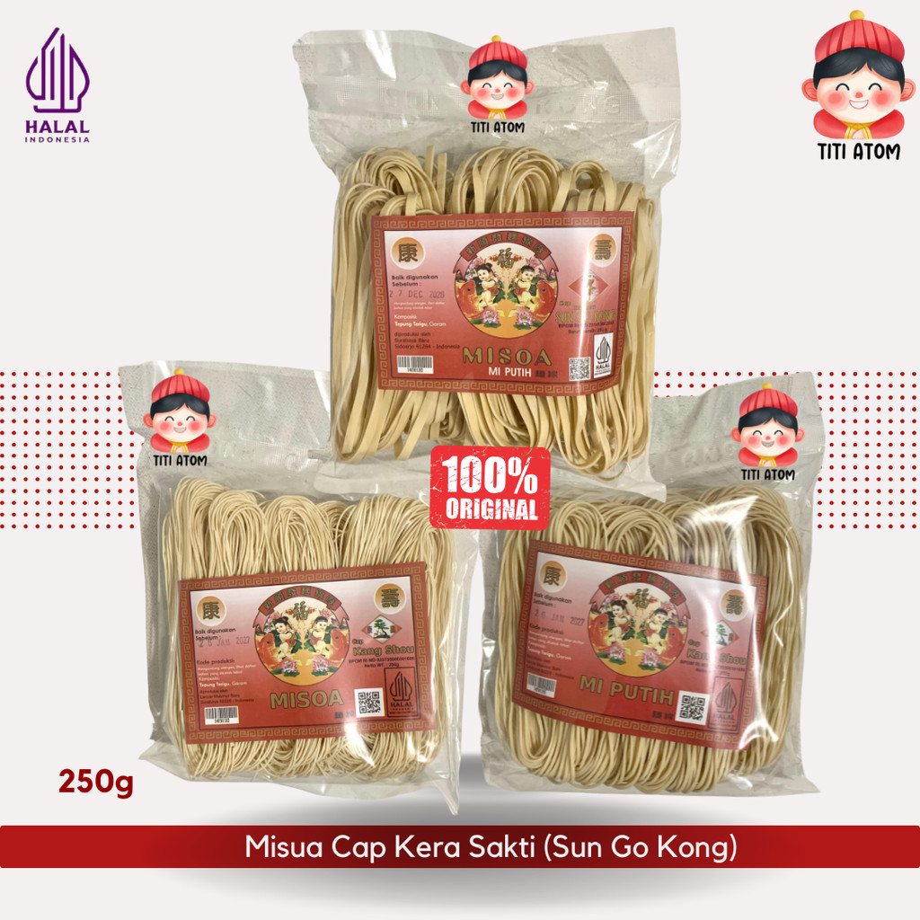 

Misua Mie Putih Cap Kera Sakti Sun Go Kong Kang Shou Bungkus 250g Kasar Halus Lebar