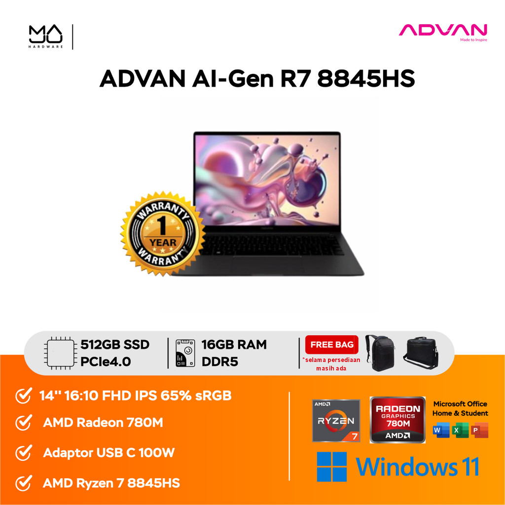 ADVAN AI-Gen R7 8845HS ADVAN AI Gen Ryzen 7 16/512GB W11 14"FHD+ IPS